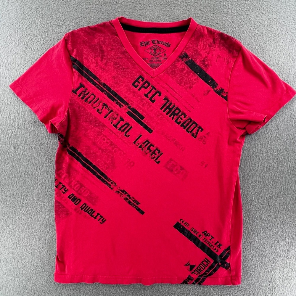 Epic Threads Men T-Shirt Cotton Red Medium Industrial Graphic V-Neck Streetwear